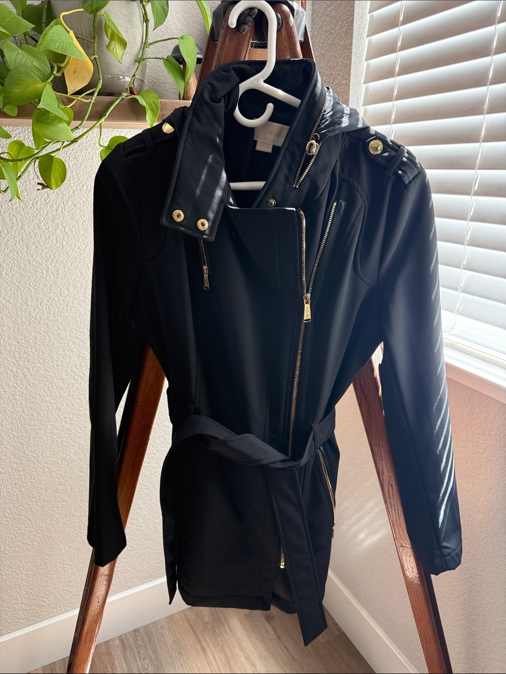 Michael Womens Black Asymmetrical Zip Belted Coat - Unbranded